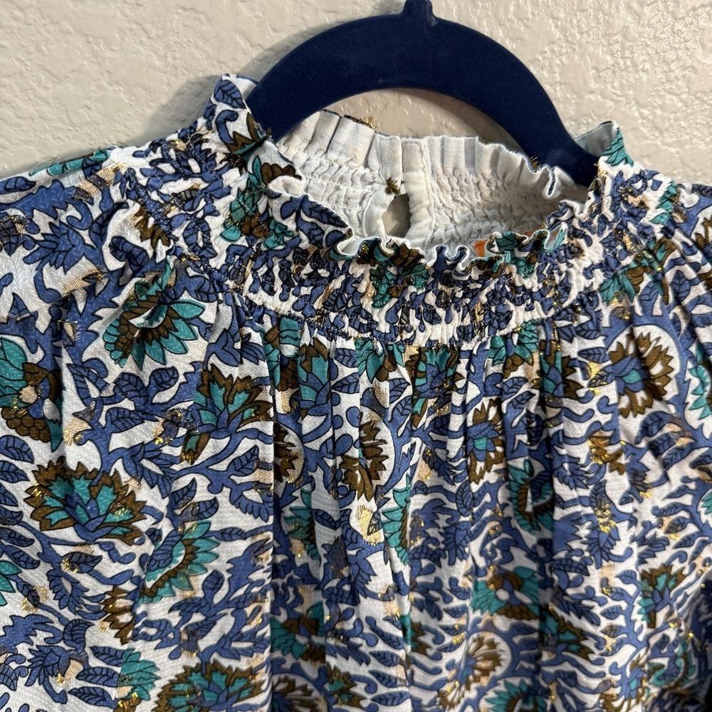 Oliphant Floral Print Smocked Neck Long Sleeve Tunic in Blue, Green, Gold - Picture 3 of 11